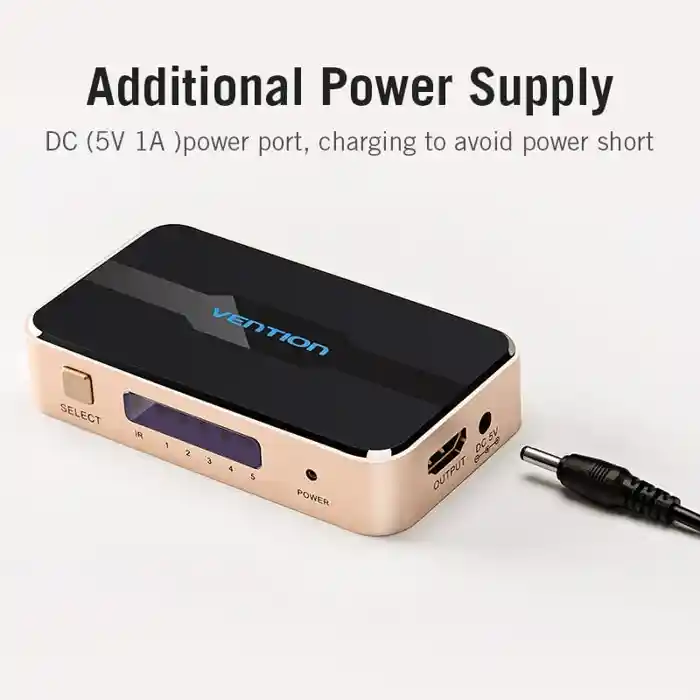 Vention ACDG0 5 in 1 out HDMI Switcher Aluminum Alloy 4K 30Hz with Remote Control and DC 5V/1A Power Supply Cable